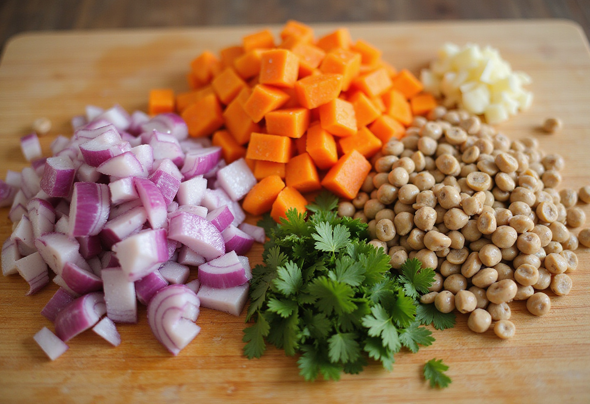 Ingrédients frais comme l'oignon rouge, les carottes et le persil pour la salade de lentilles à la française.