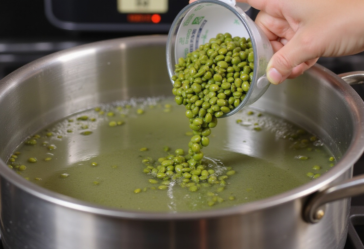 Cuisson des lentilles vertes dans de l'eau bouillante pour une salade de lentilles nutritive.