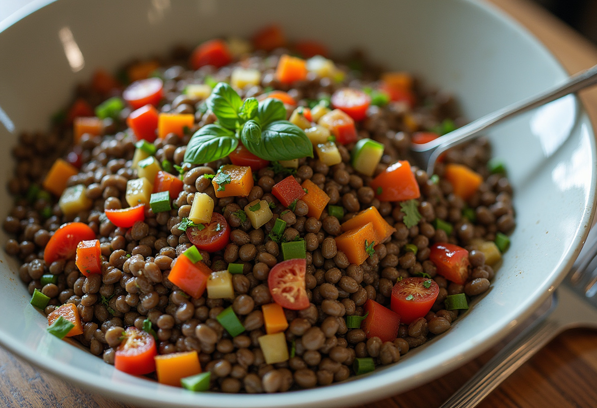 Mélange des lentilles cuites avec des légumes frais et une vinaigrette pour la salade de lentilles à la française.