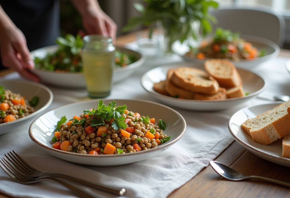 Préparation d'une table avec une salade de lentilles et du pain pour un repas frais et nutritif.