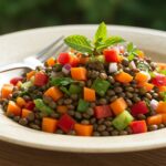 Beautifully presented salade de lentilles, haricots verts, and champignons, perfect for summer meals.