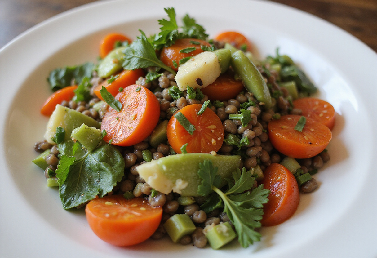 Belle présentation d'une salade de lentilles, haricots verts et champignons, parfaite pour les repas d'été.