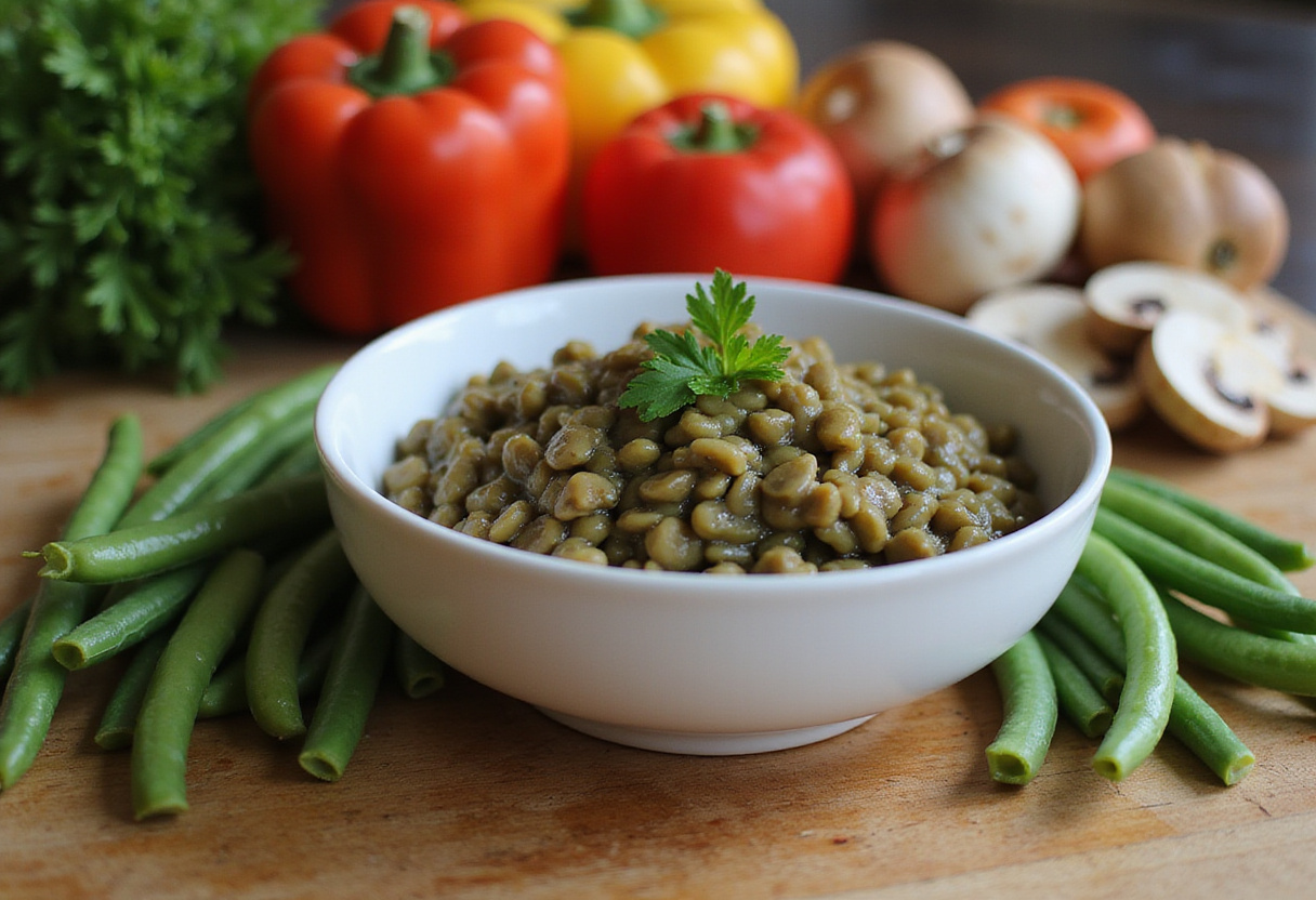 Salade de lentilles avec haricots verts et champignons préparée pour un plat d'été.
