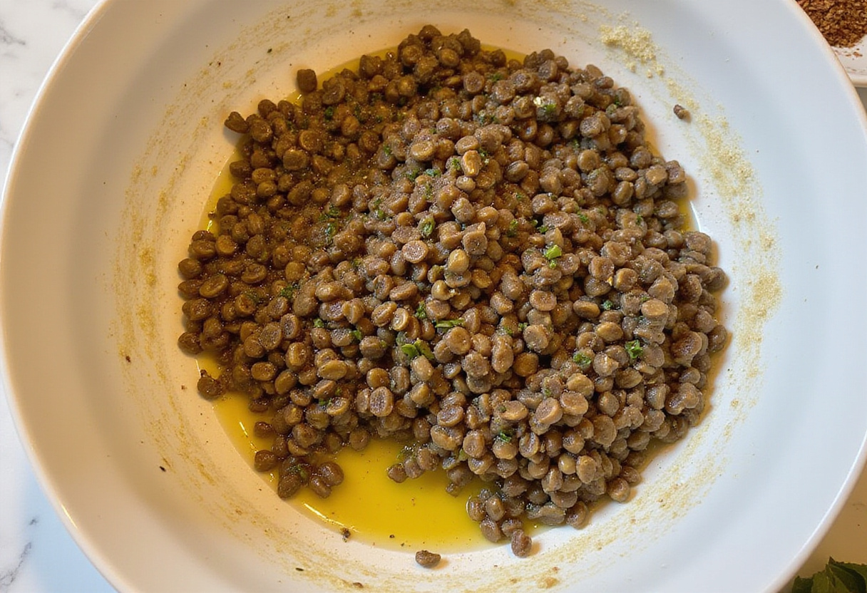 Huile d'olive et jus de citron ajoutés à la salade de lentilles pour une fraîcheur estivale.