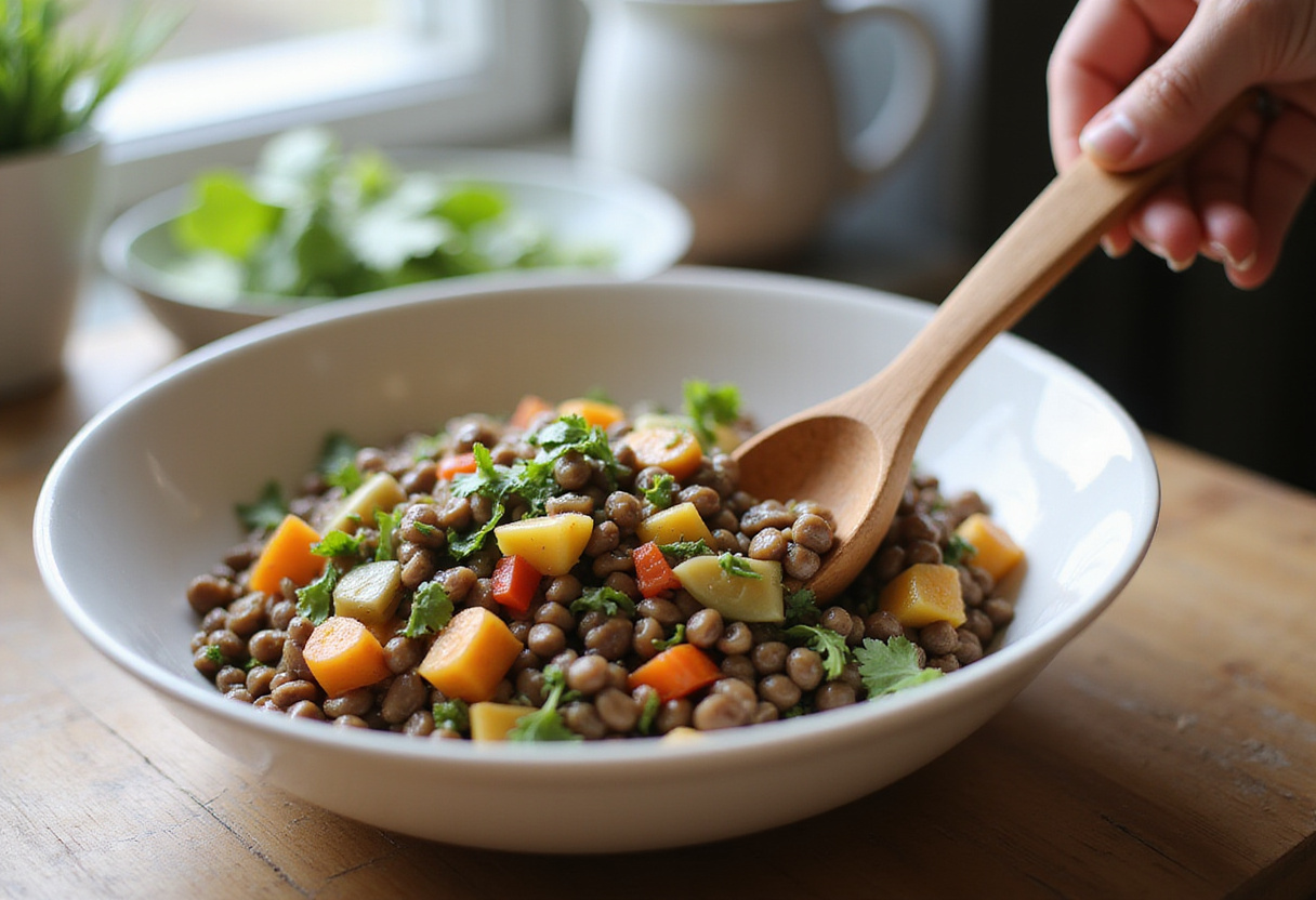 Mélange de lentilles, haricots verts et champignons pour une délicieuse salade de lentilles.