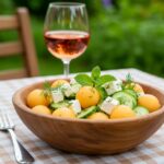 Salade de melon, concombre et feta prête à être dégustée sur une table estivale.