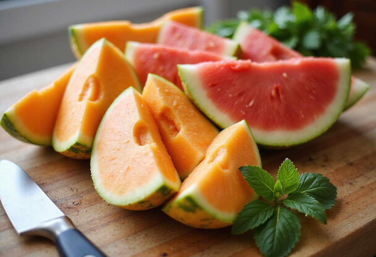 Salade de melon avec melon et pastèque fraîchement tranchés sur une planche à découper.