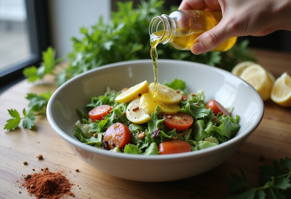 Ajout d'huile d'olive et de jus de citron dans la salade de melon et concombre.