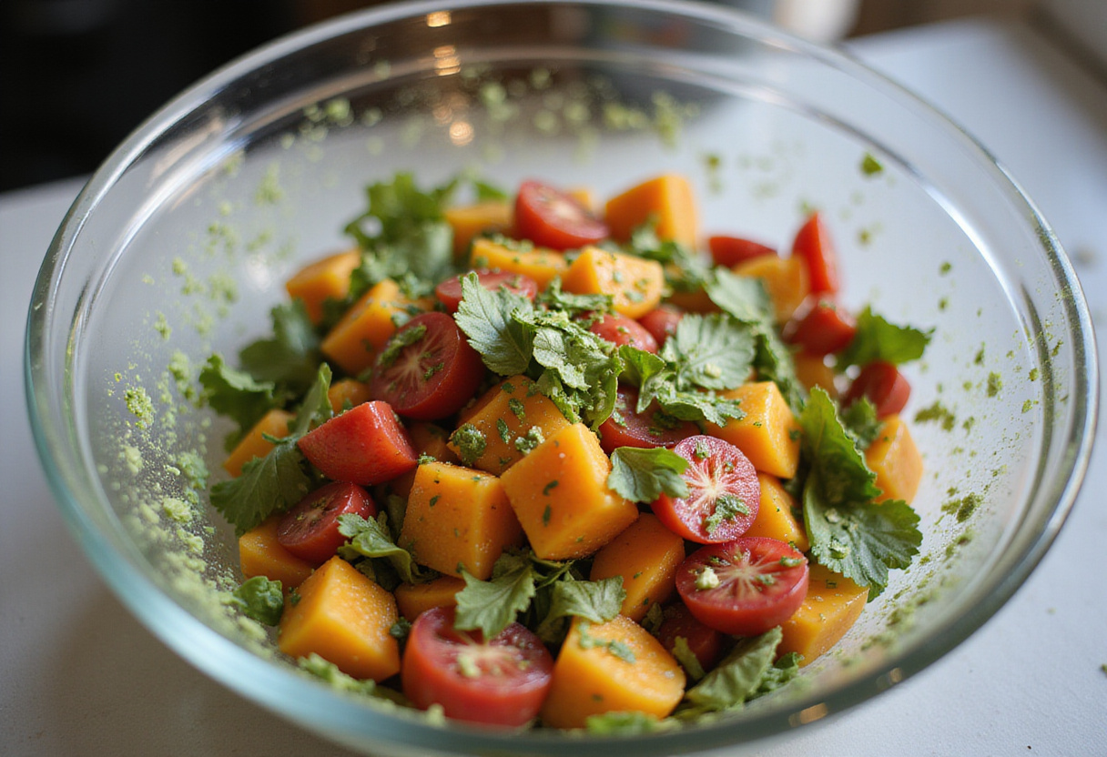 Mélange de la salade de melon, concombre et feta dans un grand bol en verre.