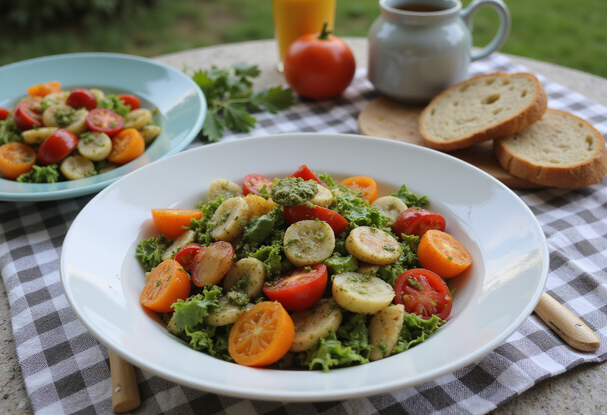 Delicious salade de pâtes froide presented for summer picnics or gatherings.