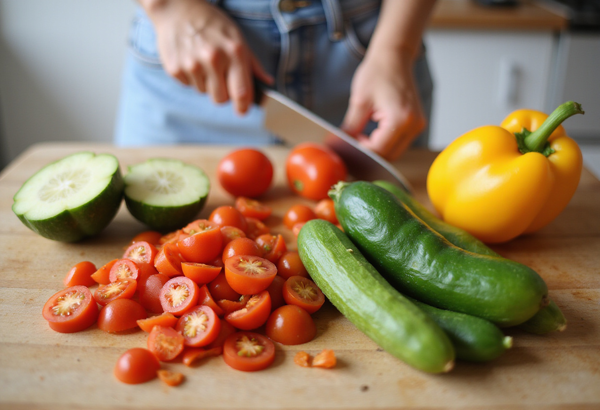 Fresh vegetables being chopped for salade de pâtes froide with pesto maison.