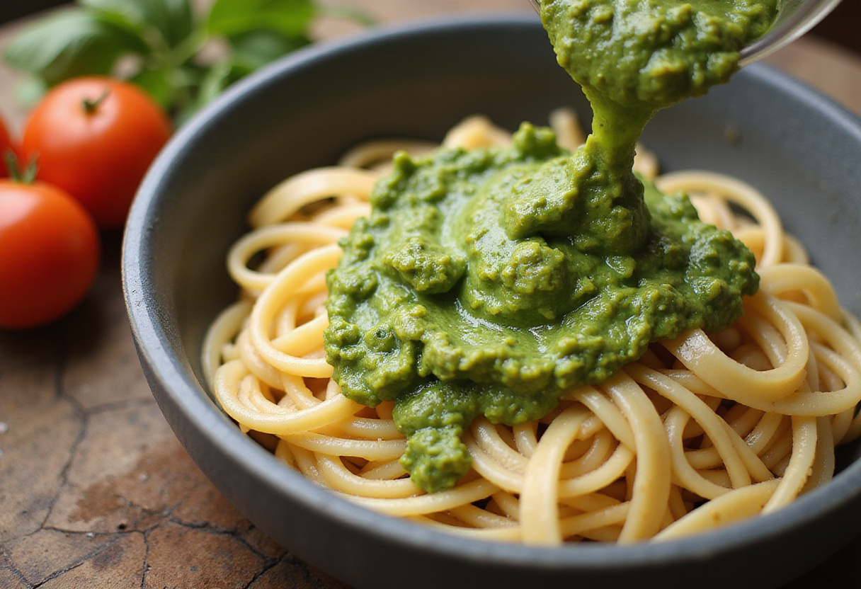 Cooked pasta being mixed with homemade pesto for a salade de pâtes aux légumes.