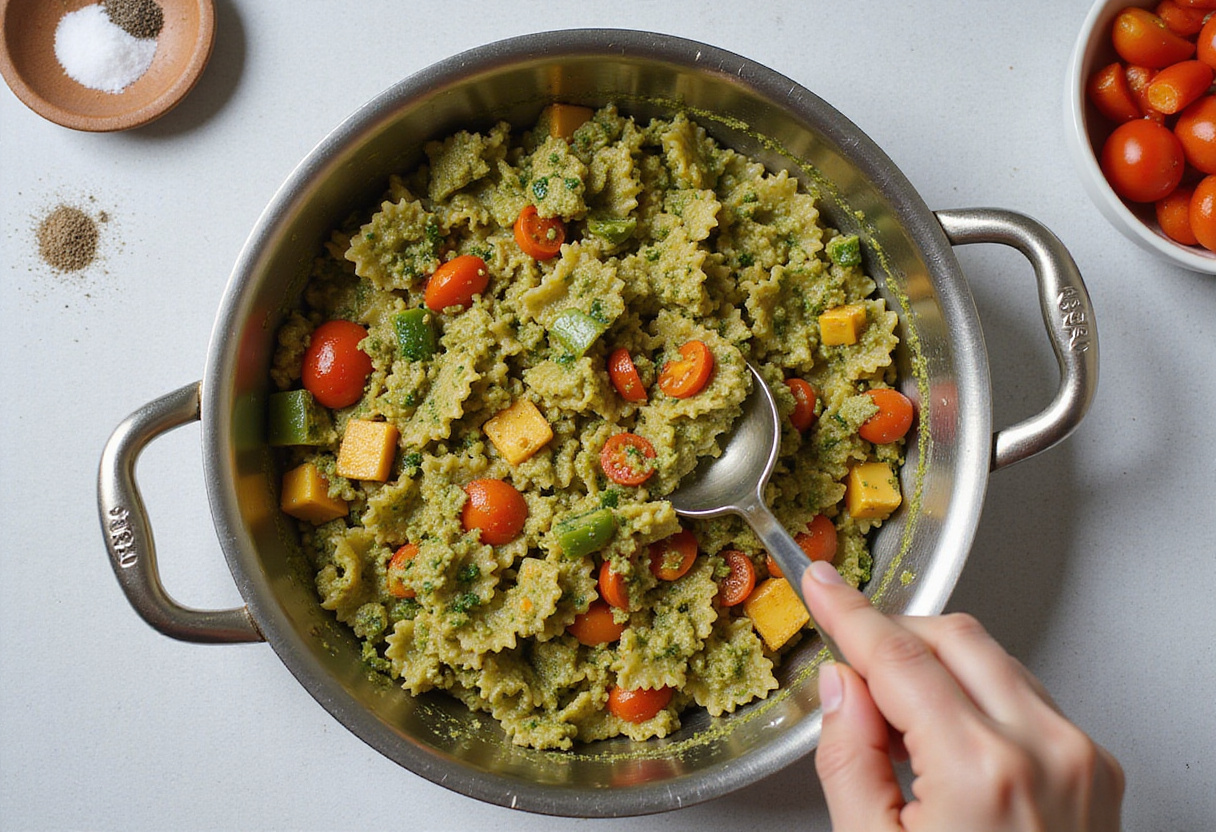 Vegetables being combined with pasta and pesto for a recette de salade d'été.