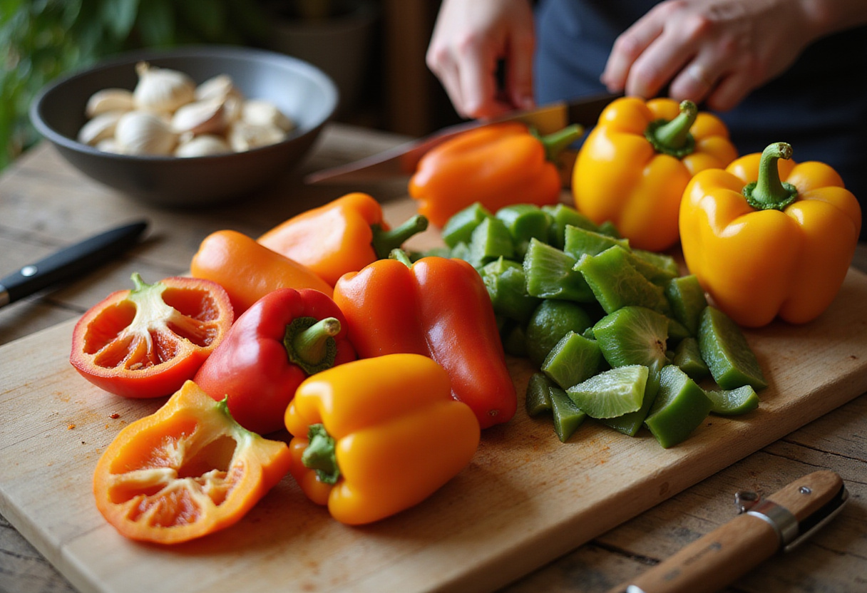 Poivrons tranchés pour la salade de poivrons grillés, mettant en valeur les ingrédients frais d'une salade d'été.