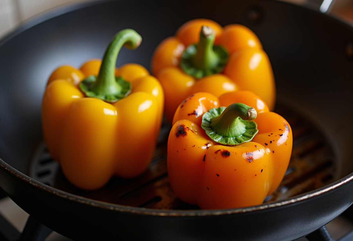 Griller les poivrons pour la salade de poivrons grillés, soulignant la préparation du plat d'été.