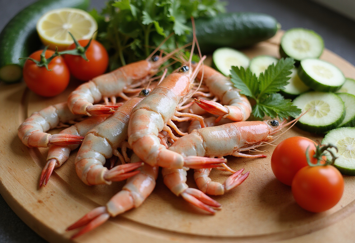 Ingrédients frais pour la recette salade froide : scampis, tomates et concombre sur une planche à découper.