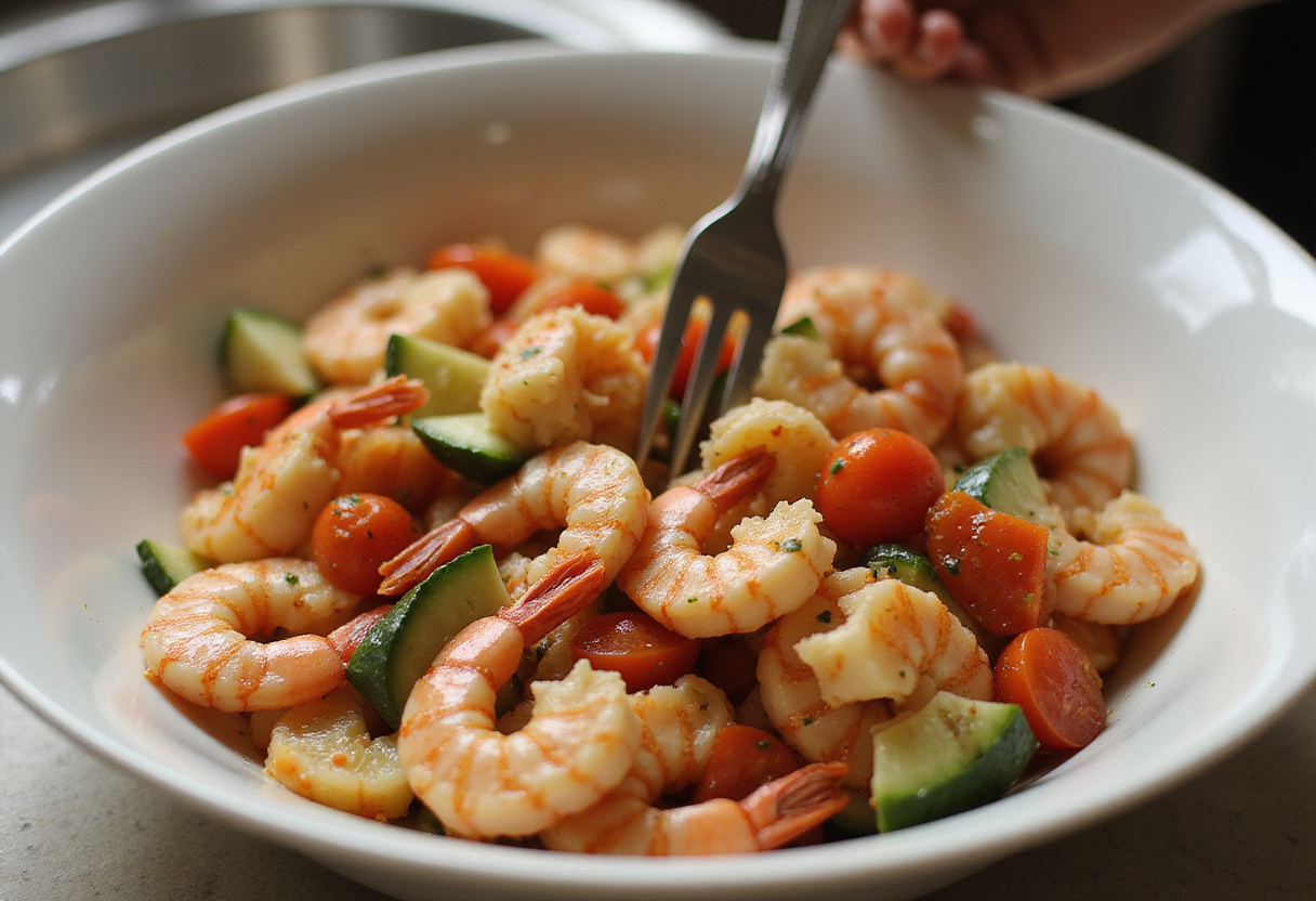Scampis cuits mélangés avec des tomates et du concombre pour la salade de scampis.