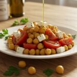 Présentation finale de la salade méditerranéenne avec pois chiches, tomates et feta, idéale pour un repas.