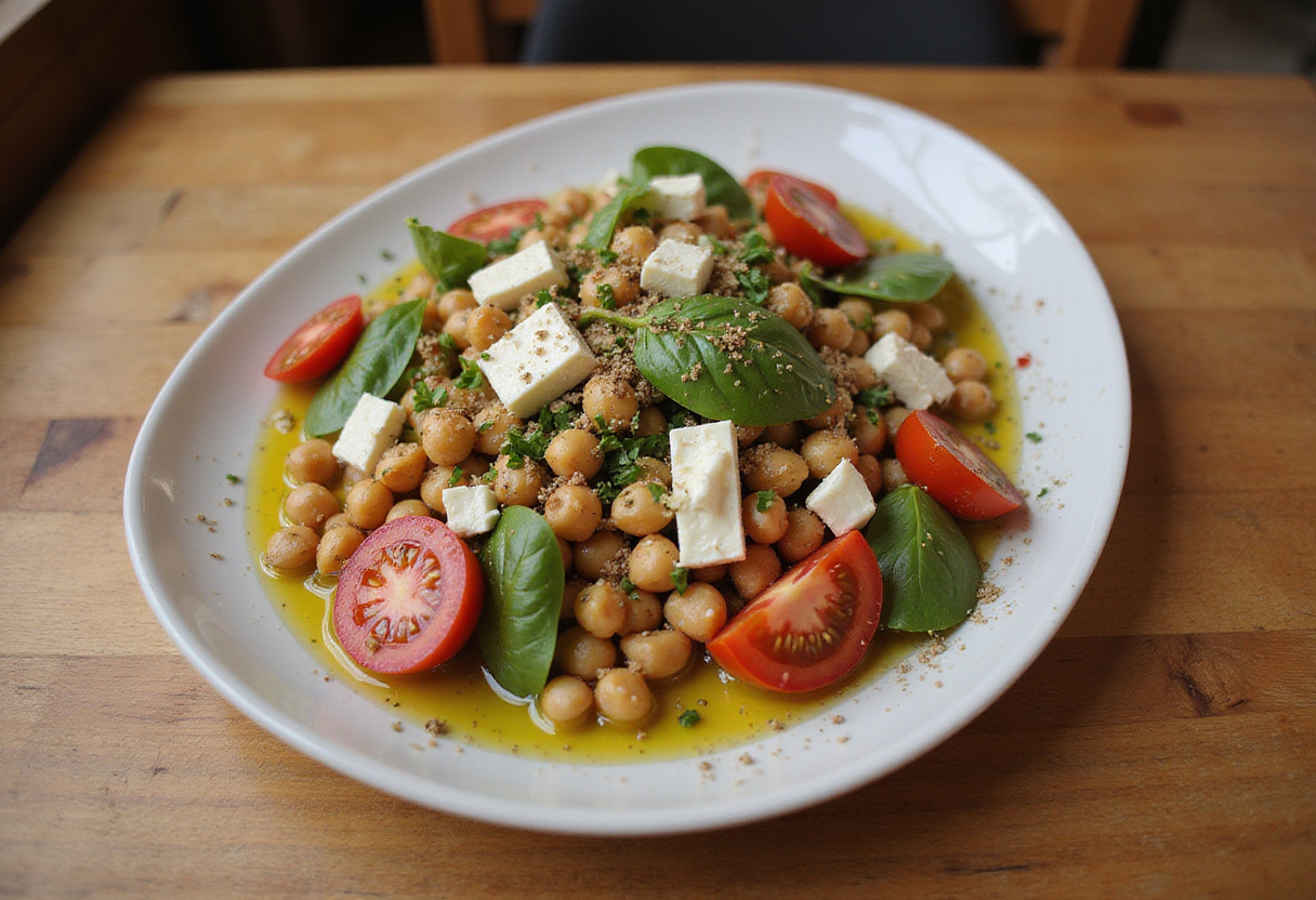 Présentation finale de la salade méditerranéenne avec pois chiches, tomates et feta, idéale pour un repas.