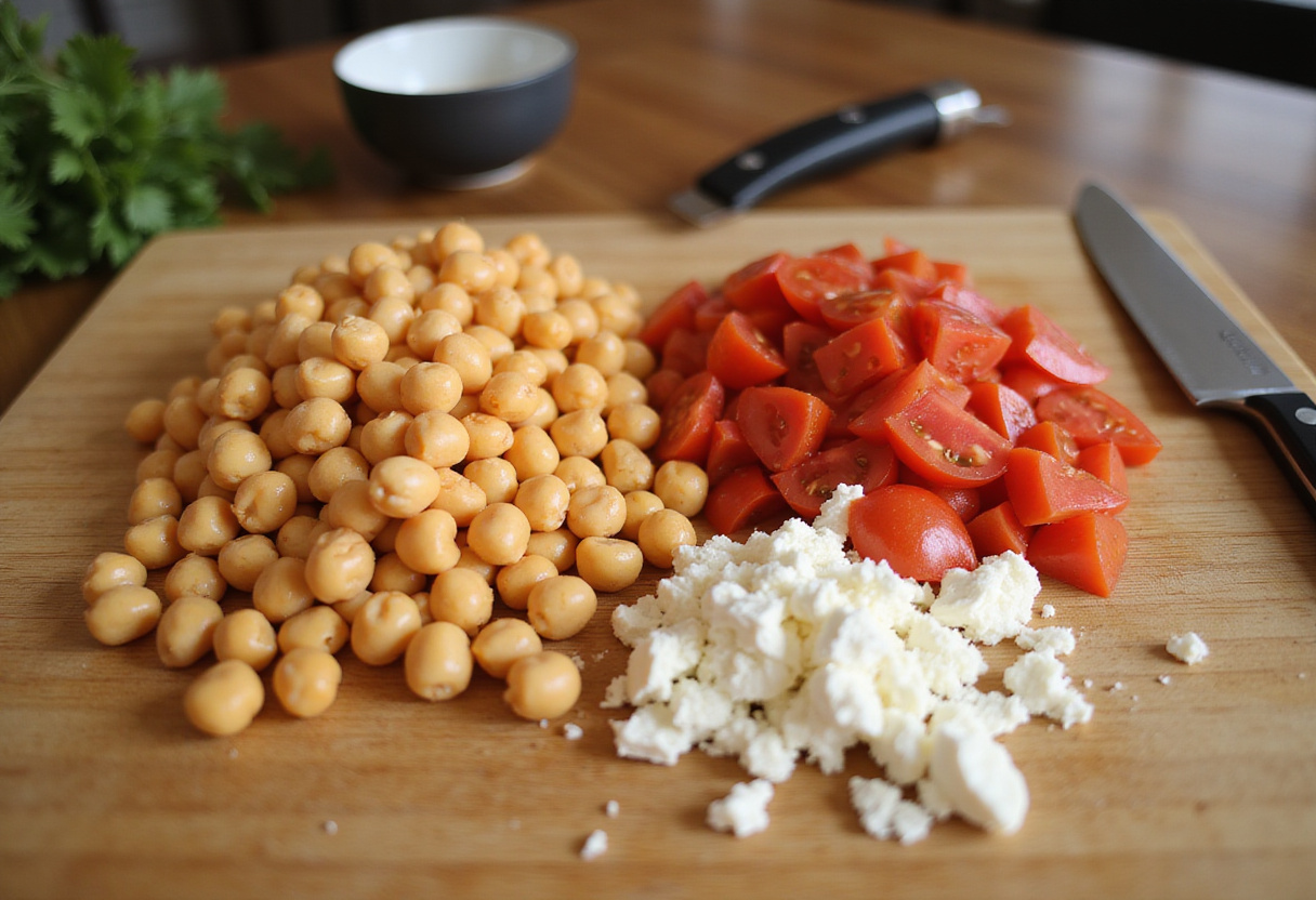 Ingrédients frais pour une salade méditerranéenne : pois chiches, tomates et feta.