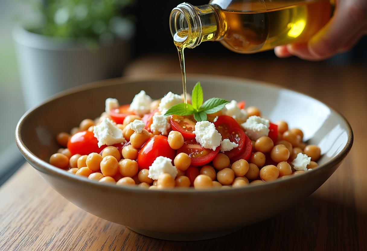 Mélange de pois chiches, tomates et feta pour une recette de salade méditerranéenne.