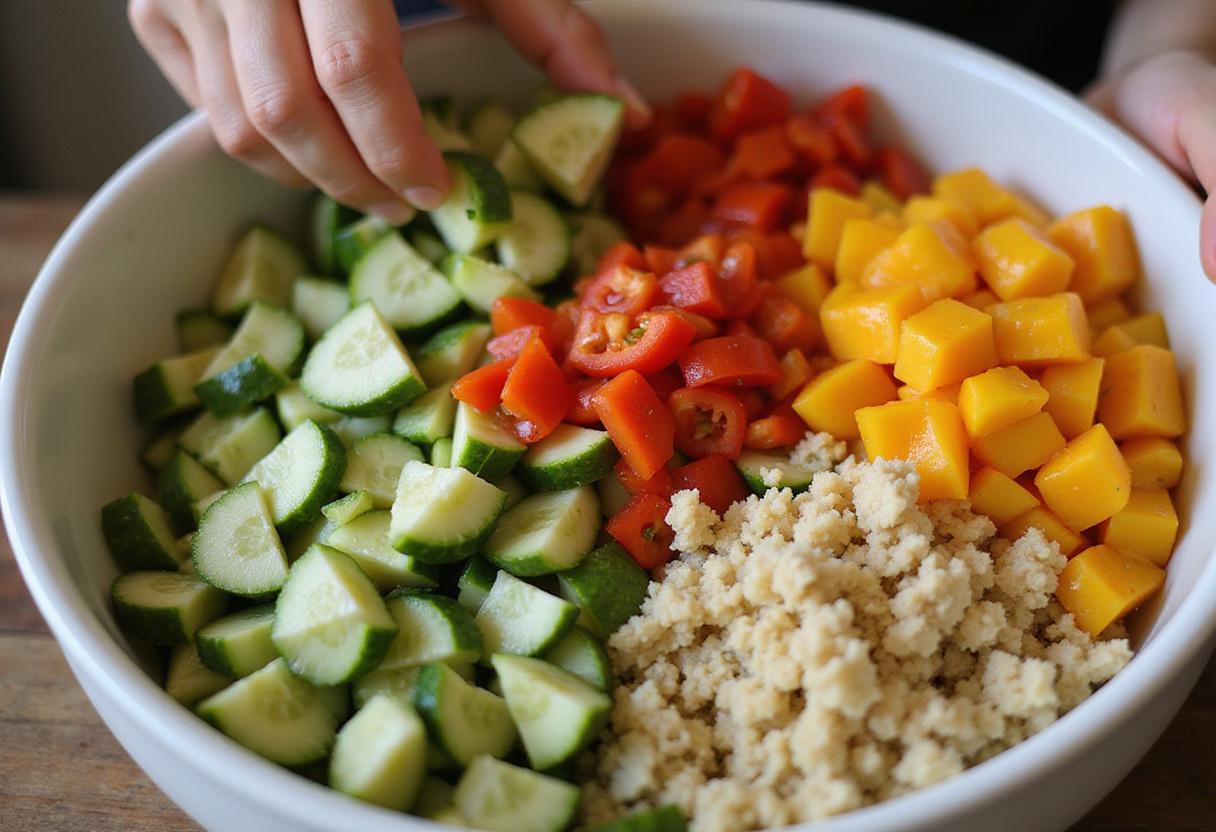 Ajout de concombres et de poivrons dans la salade méditerranéenne pour une recette de salade healthy.