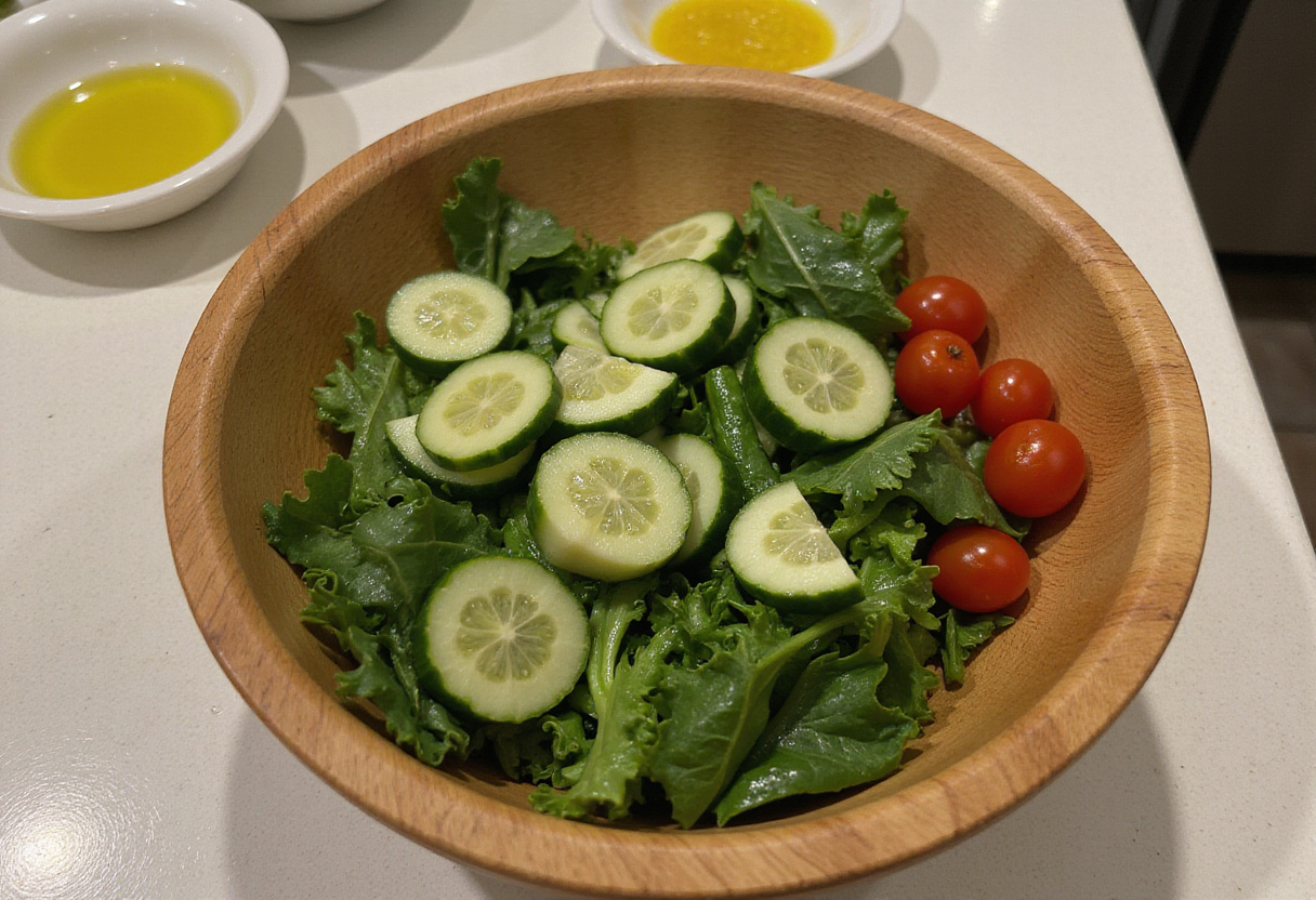 Fresh ingredients for a salade niçoise, including mixed greens, cucumbers, and cherry tomatoes.