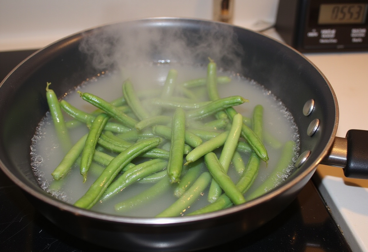 Blanching green beans for the salade niçoise recipe, an essential step in preparing this summer dish.