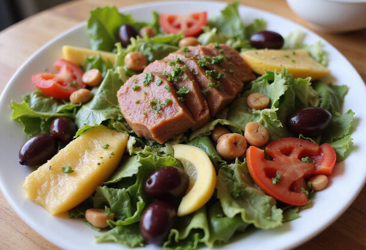 Assembling a classic salade niçoise with vibrant vegetables, tuna, and olives for a delightful summer meal.