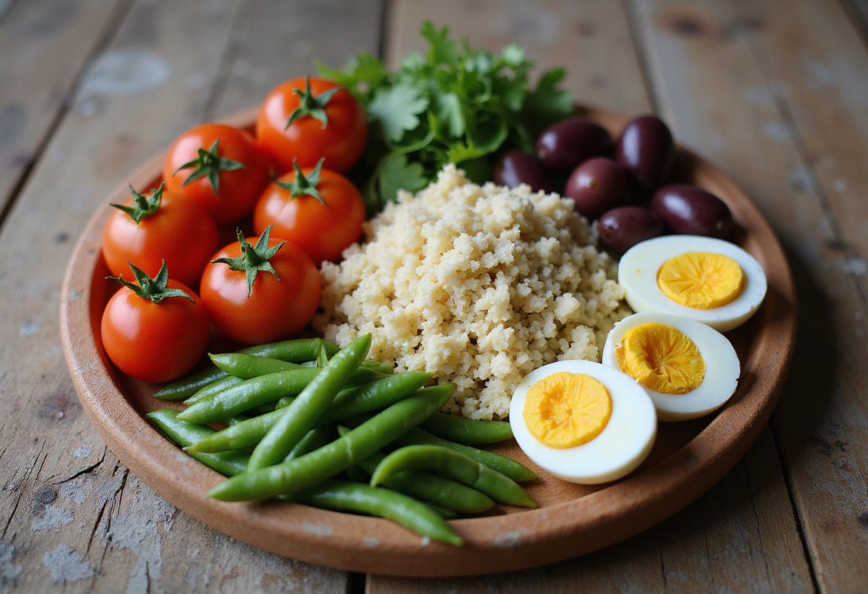 Ingredients for salade niçoise arranged artfully on a table for the recette salade niçoise.