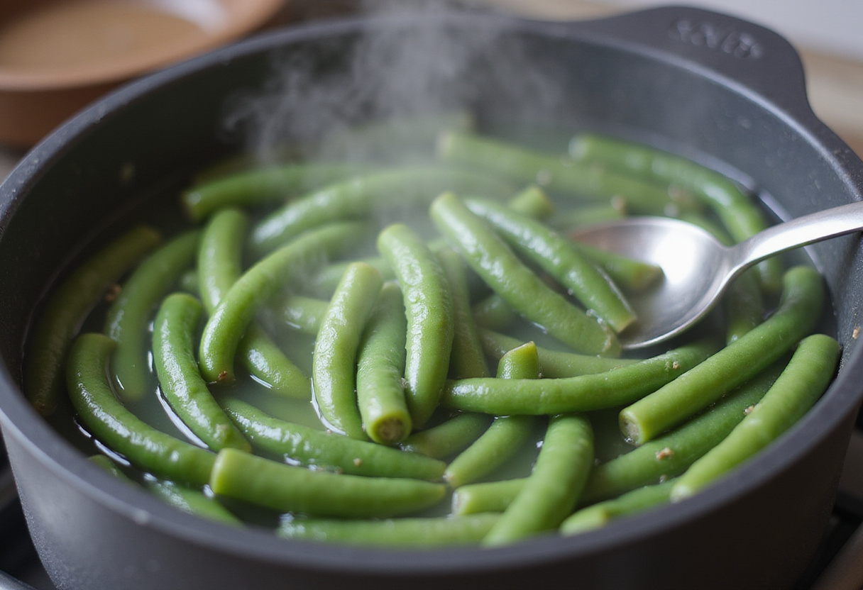 Blanching green beans for salade niçoise to enhance flavors in the recette salade niçoise.
