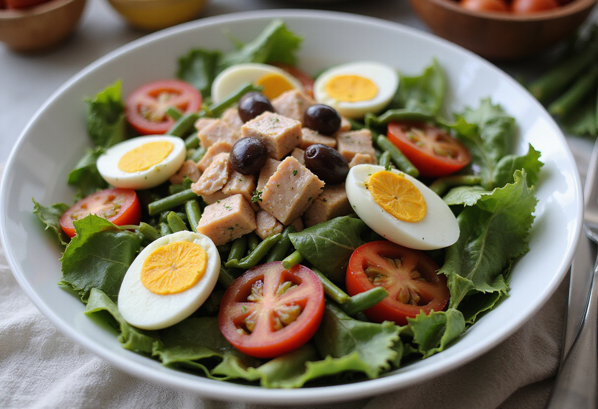Assembling layers of salade niçoise in a bowl showcasing the rich colors and textures of the ingredients.