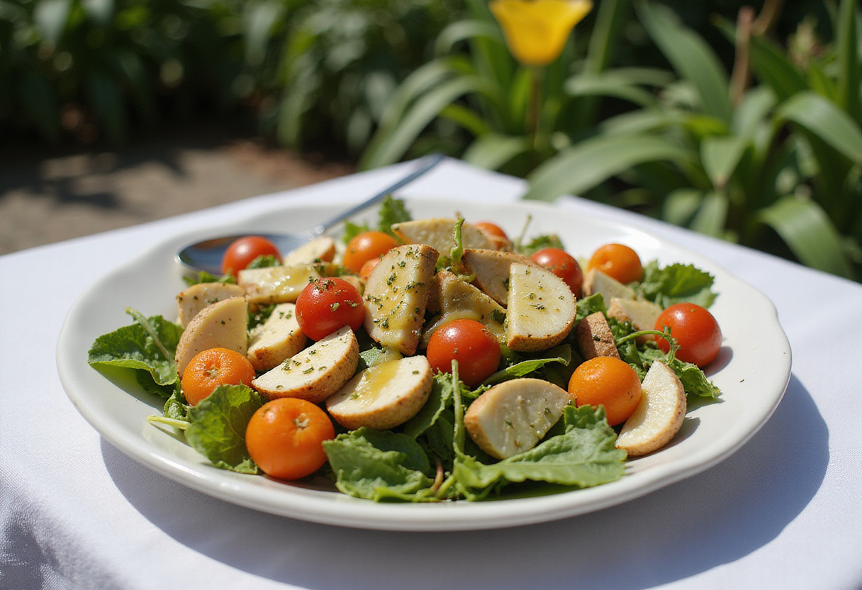 Platter of salade niçoise with vinaigrette ready to serve, ideal for summer meals.