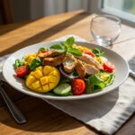 Finished salade poulet-mangue avec riz, un plat sain et équilibré parfait pour un repas rapide.