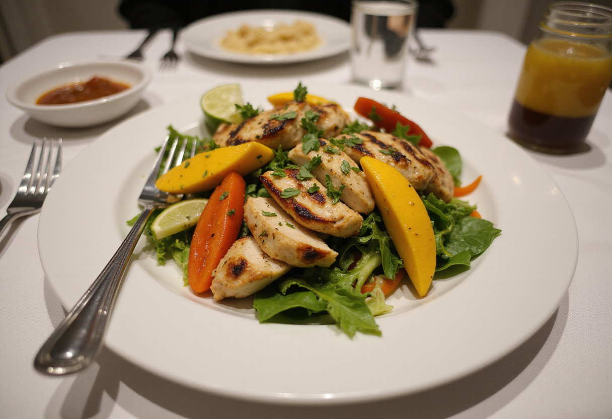 Finished salade poulet-mangue avec riz, un plat sain et équilibré parfait pour un repas rapide.