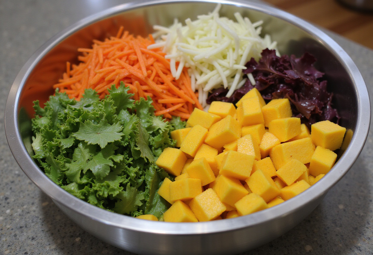 Fresh vegetables being mixed for a healthy salade rapide poulet-mangue.