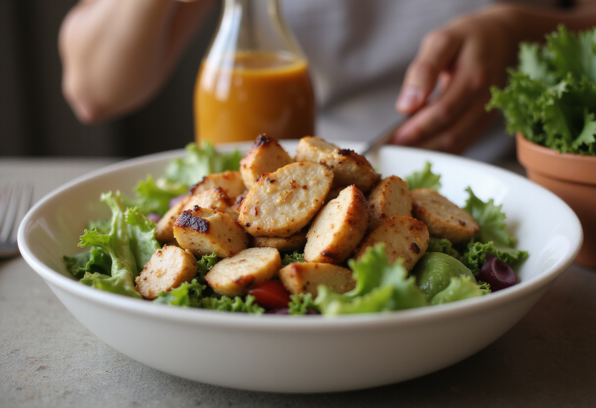 Grilled chicken added to salad for a quick salade poulet recipe.