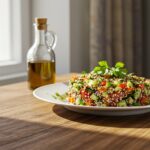Finished quinoa salad with cucumbers, feta, and tomatoes, perfect for a healthy rapide meal.