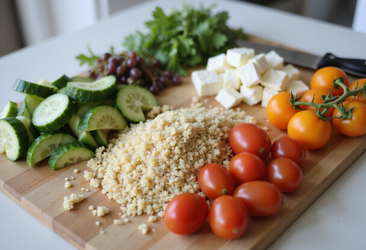 Fresh ingredients for salade quinoa with cucumbers, feta, and tomatoes arranged for a healthy meal.