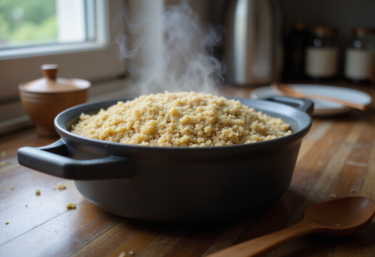 Cooked quinoa cooling for a healthy rapide salade with cucumbers and tomatoes.