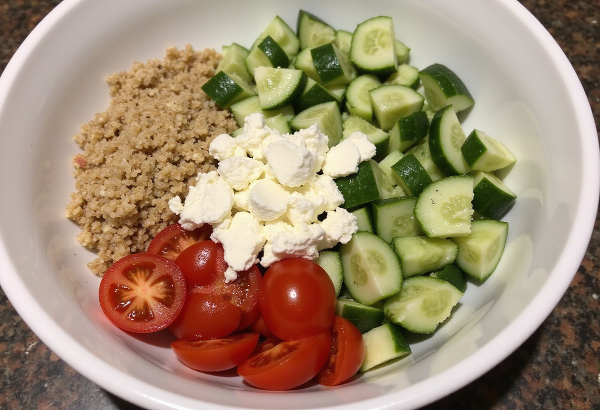 Mixing bowl with cucumbers, tomatoes, and feta cheese for a healthy quinoa salad.