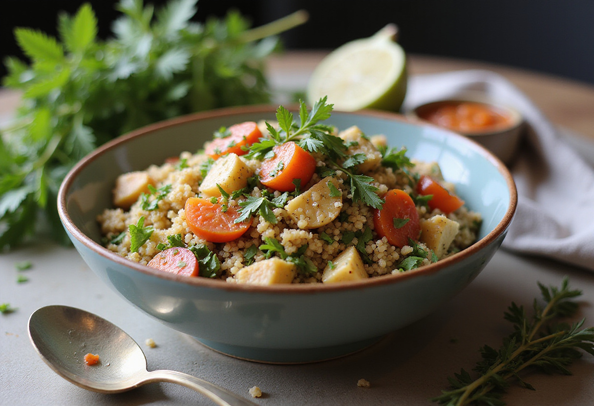 Prepared salade quinoa with cucumbers and feta ready to serve for a quick healthy meal.