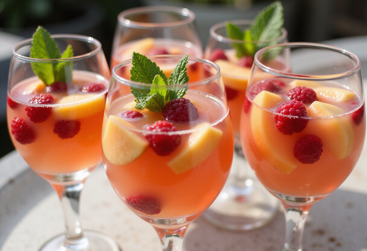 Verres de Sangria Rosée rafraîchissante avec des pêches et des framboises, idéale pour les rencontres estivales.
