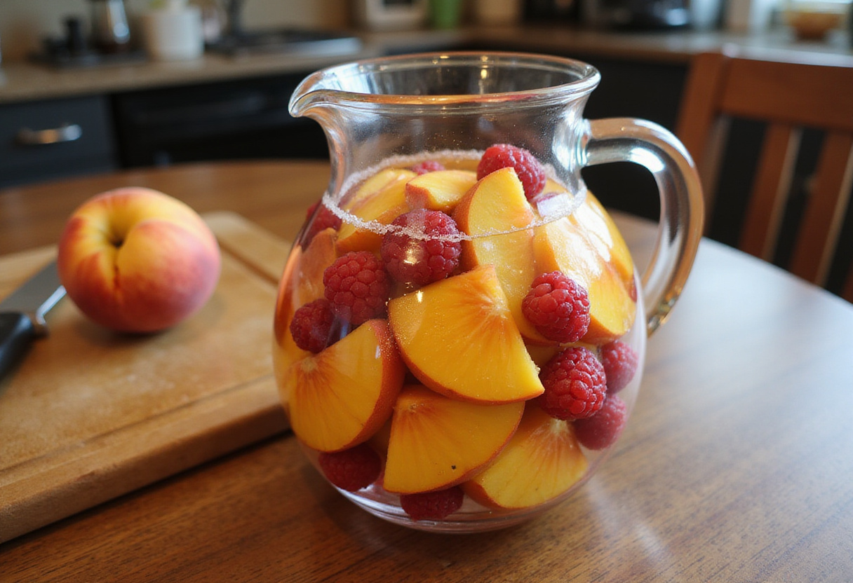 Pêches tranchées et framboises fraîches dans un pichet pour la préparation de la recette de sangria rosée.
