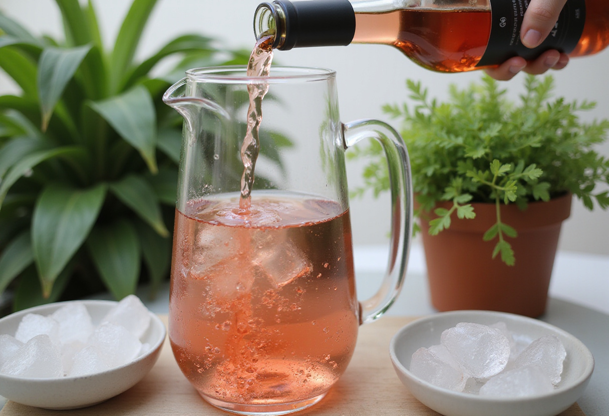 Verser le vin rosé dans un pichet pour la recette de sangria framboises.