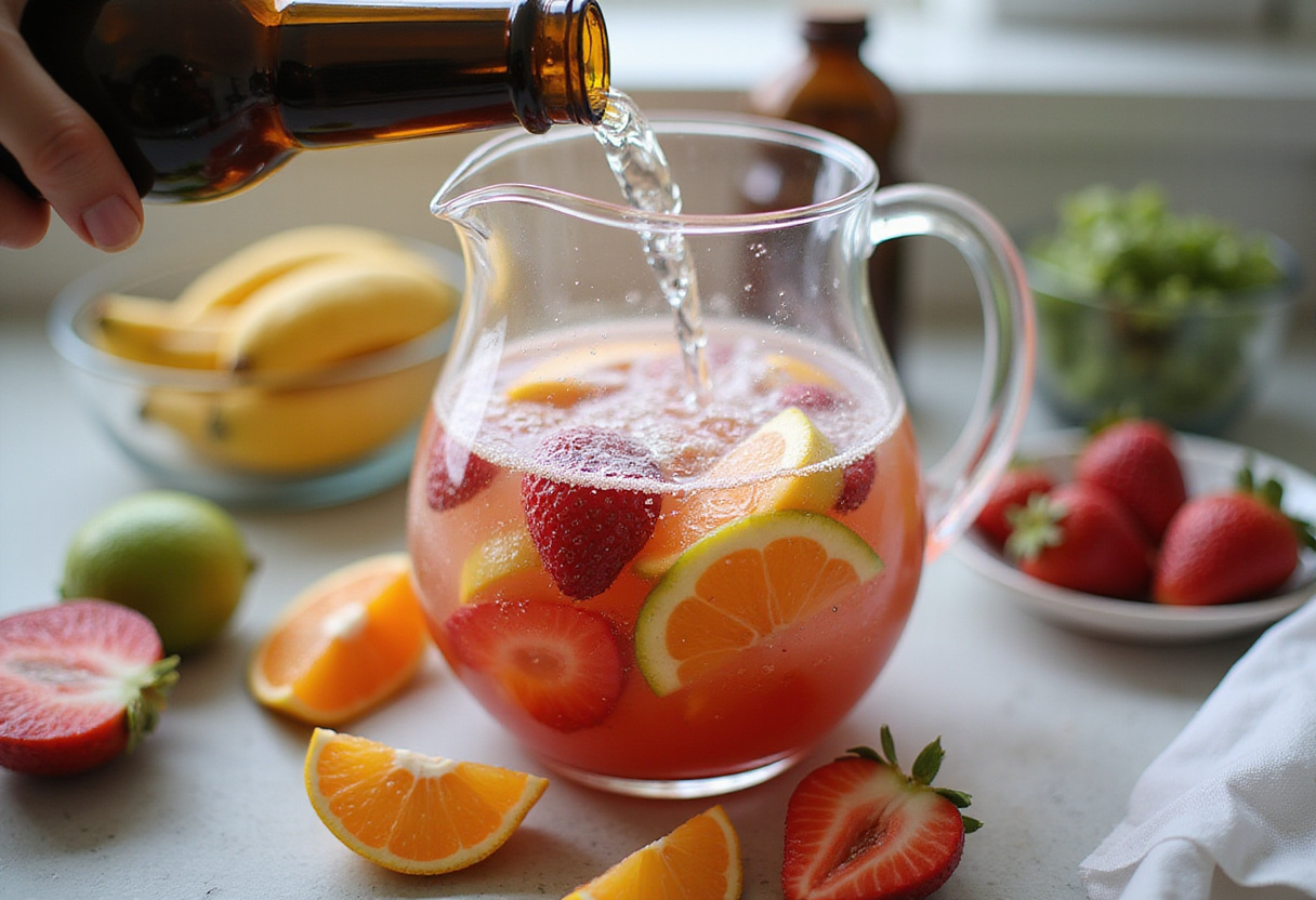 Ajouter de l'eau pétillante à la sangria aux fruits pour une boisson estivale rafraîchissante.