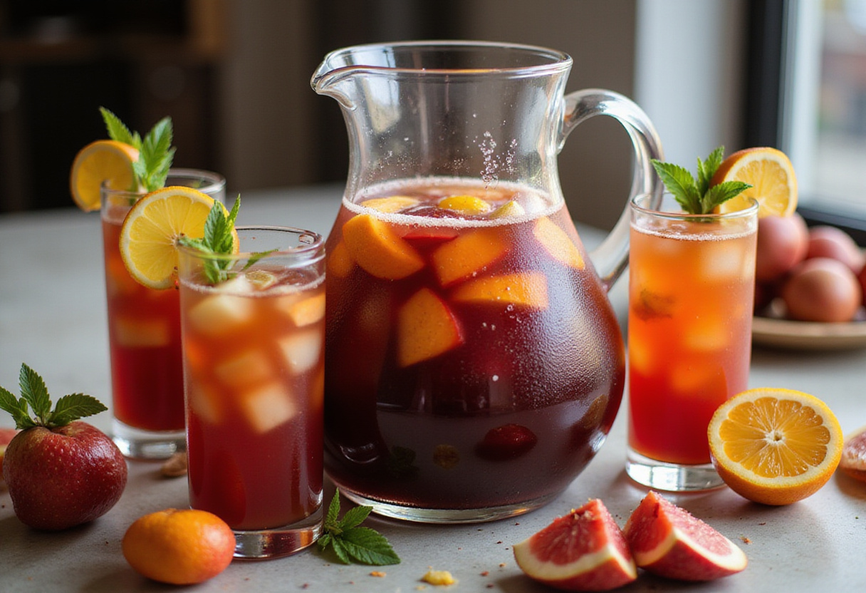 Placer le pichet de sangria rosée sur une table, prêt à être servi aux amis et à la famille.