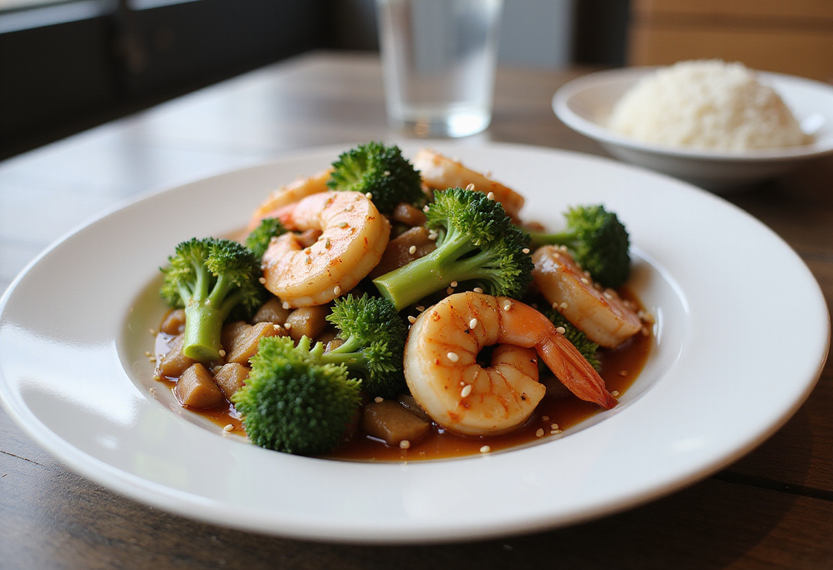 Sauté de crevettes et brocolis fini, un repas sain et rapide élégamment présenté.