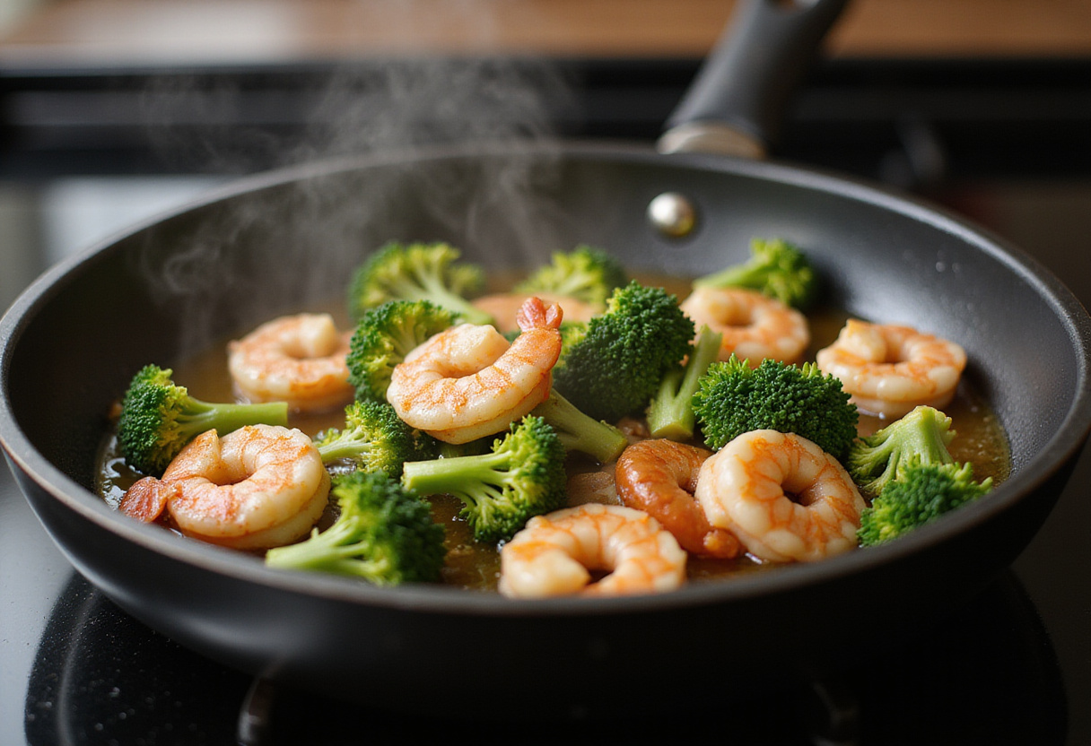 Crevettes et brocolis sautant dans l'huile d'olive pour un plat de crevettes sain et rapide.