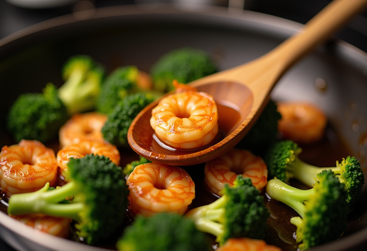 Remuer les crevettes et le brocoli avec de la sauce soja dans une poêle pour un repas sain et savoureux.